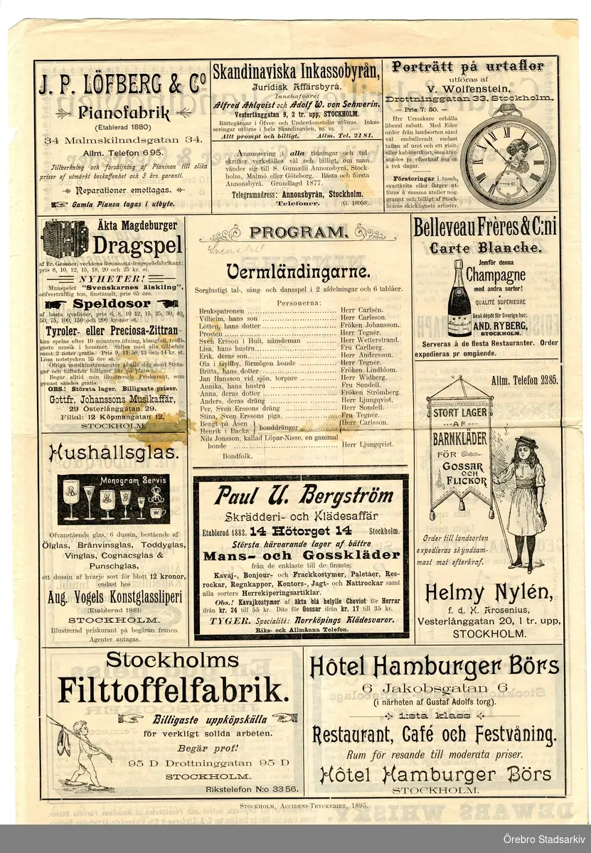 Teaterprogram. Arboga margarin, 1895-1896. Medverkande: Endast porträttfotografier utan namn.