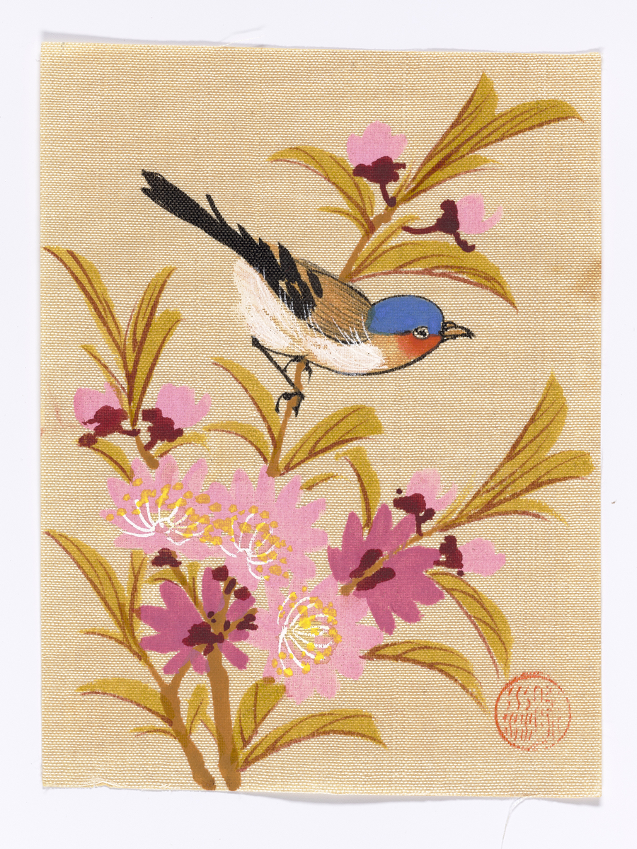 Tekstil limt på papir. Påmalt motiv: Fugl på en gren. Kirsebærtre. 