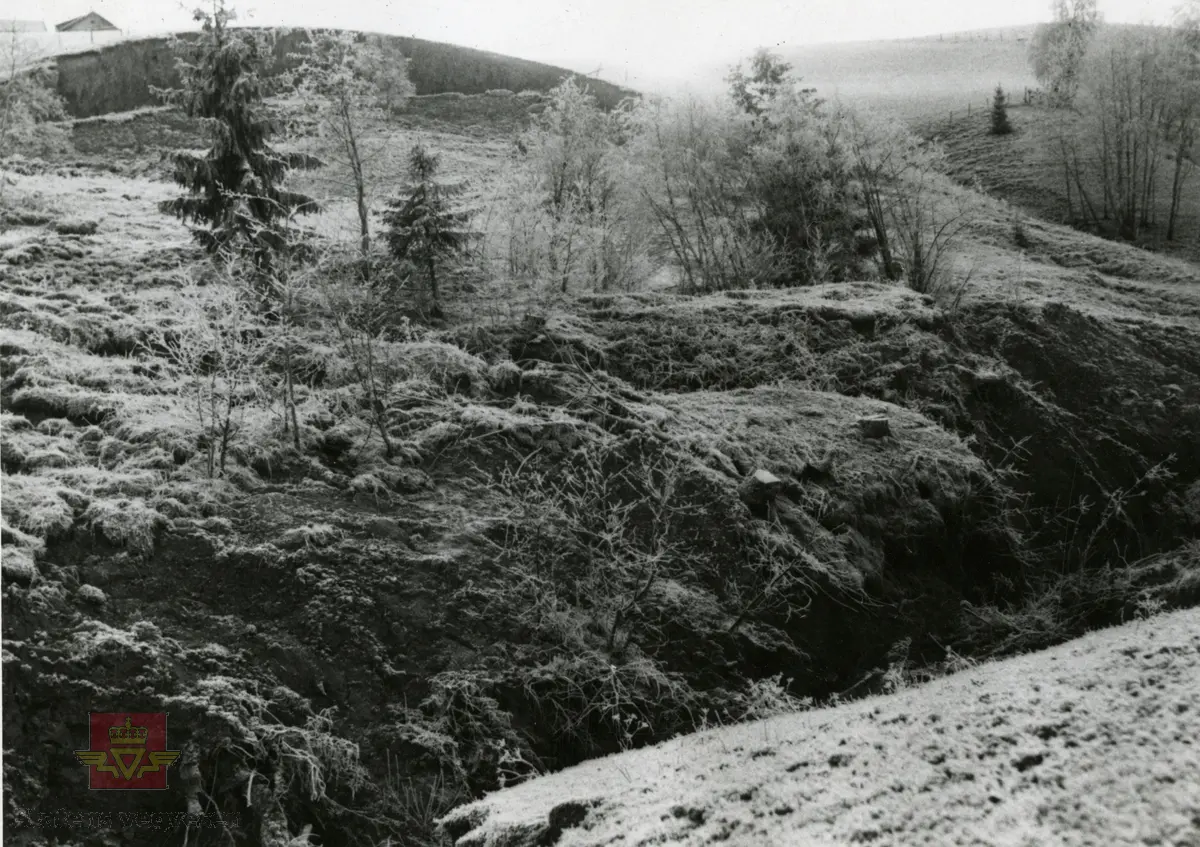 Befaring på Kongsvingervegen i desember 1955. Bildet viser et kupert landskap med litt vegetasjon.
