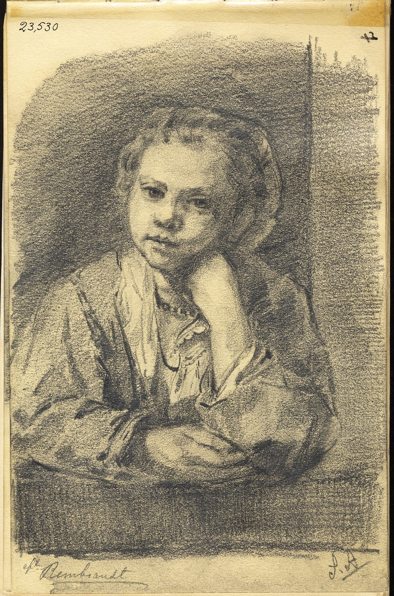 Skiss, blyerts. En ung kvinna som lutar huvudet mot ena handen.
Bröstbild, halvprofil.
Kopia efter Rembrandts målning  "Kökspigan", även kallad "Flicka vid fönstret", Nationalmuseum, Stockholm.

Inskrivet i huvudbok 1975.