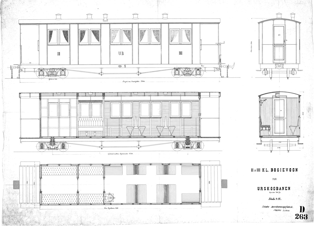 Hovedtegning av Urskogbanens personvogner BCo1 og BCo2
A/S Skabo Jernbanevognfabrik Skøien 1/2 1899
Tegning D263