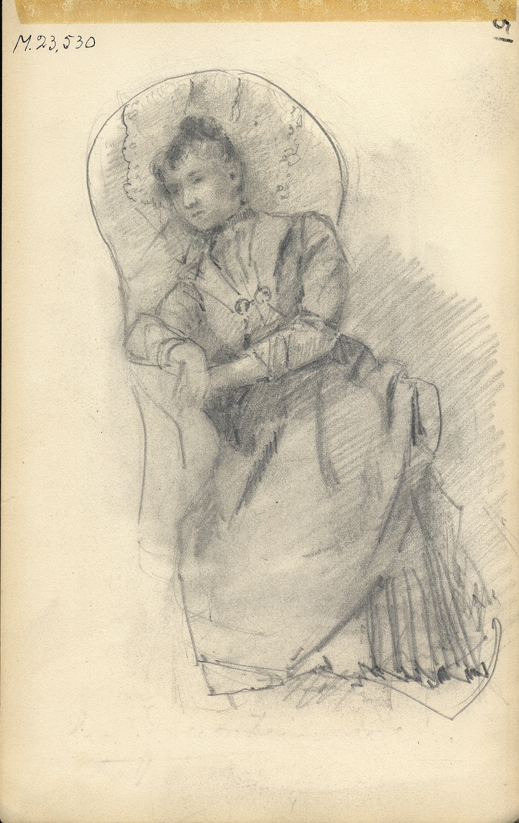 Skiss, blyerts. En kvinna sitter och vilar i en s.k. emma. 

Inskrivet i huvudbok 1975.