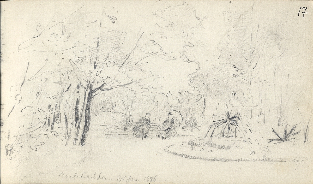 Skiss, blyerts. Två äldre män sitter på en parksoffa i en park. Snett framför dem syns en rundel med plantering.
Helfigur, halvprofil.

Inskrivet i huvudbok 1975.