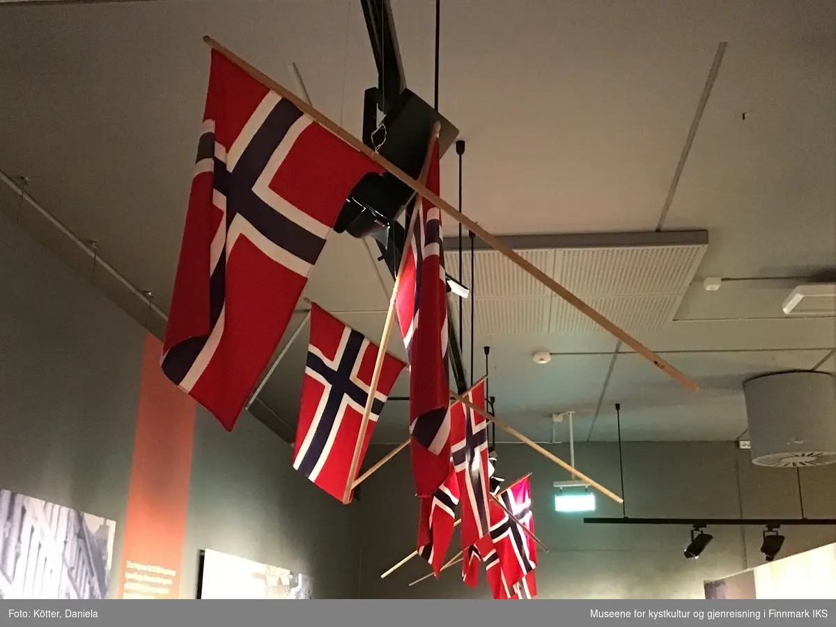 Ni norske flagg av eldre dato. Flaggene er av vevd bomullsstoff og omtrent like store. Pinnene er ulik lange, noen er knekt eller saget av, men alle har en kule, opprinnelig med gull maling på toppen.