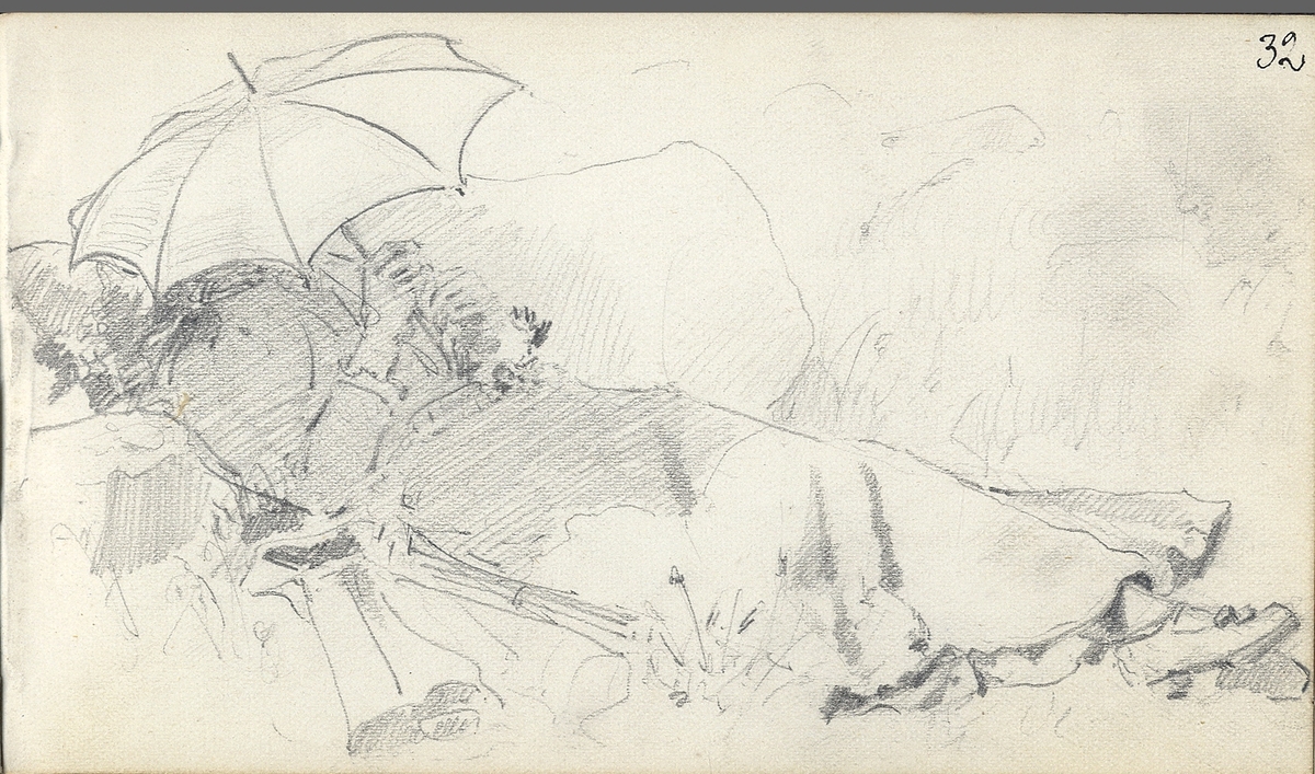 Skiss, blyerts. En kvinna med parasoll ligger och vilar sig i gräset.
Helfigur.

Inskrivet i huvudbok 1975.