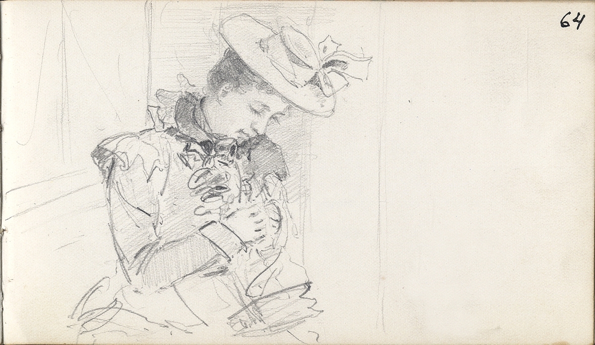 Skiss, blyerts. En kvinna i klänning och hatt m.m. sitter och handarbetar utomhus (möjl. på en glasveranda).
I bakgrunden till vänster skymtar en segelbåt.
Midjebild, halvprofil.

Inskrivet i huvudbok 1975.