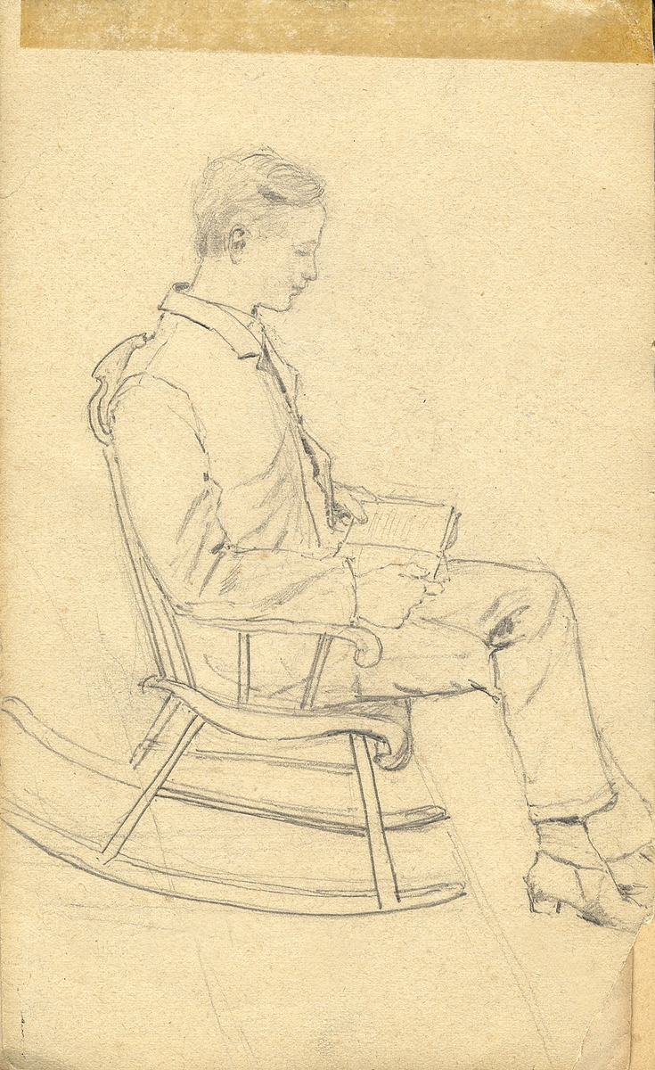Skiss, blyerts. En ung man sitter och läser i en gungstol. 
Helfigur, halvprofil.

Inskrivet i huvudbok 1975.