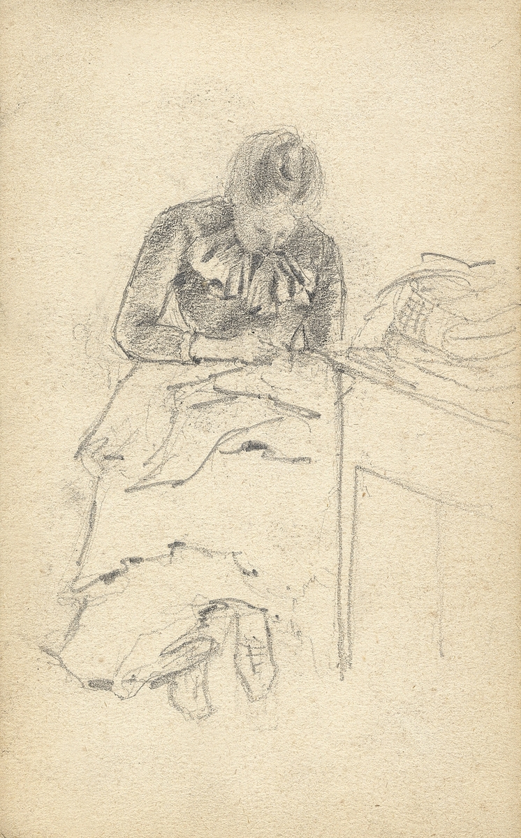 Skiss, blyerts. En kvinna sitter och syr (lagar något?) vid sidan av ett bord. På bordet syns en hög med kläder (?).
Helfigur.

Inskrivet i huvudbok 1975.