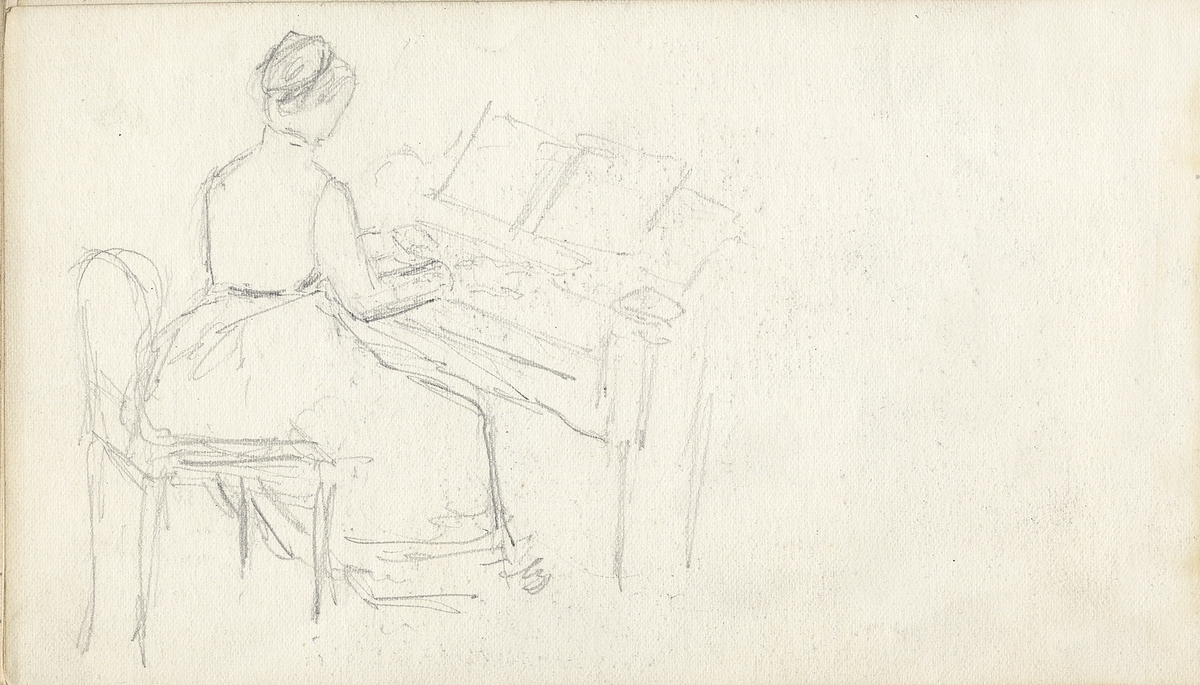 Skiss, blyerts. En kvinna sitter och spelar på en kammarorgel. Ganska hastigt skissad.
Helfigur, sedd snett bakifrån.

Inskrivet i huvudbok 1975.