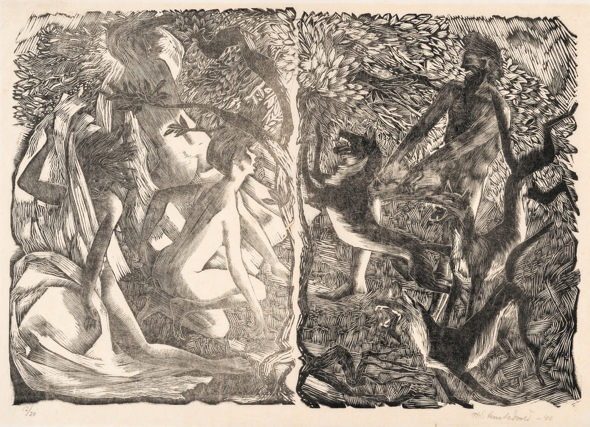 I venstre halvdel bader gudinnen Artemis sammen med to nymfer. Kvinneskikkelsene skremmes opp av en jeger med tre hunder som kommer inn fra bildets høyre halvdel. Et høyt og tynt tre deler komposisjonen vertikalt i to på midten.