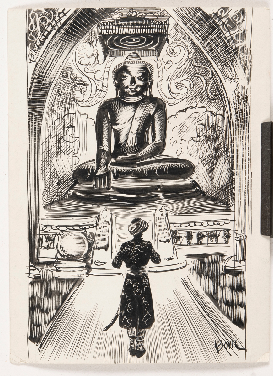 Illustrationer till Per Westerlunds bok "Tjuvpojken som blev maharaja", 1940;1942.

I bildens förgrund går en man iklädd turban och ....?. Mannen går i ett tempel mot en trappa som leter upp till en Buddah.

På bildens baksida finns text.