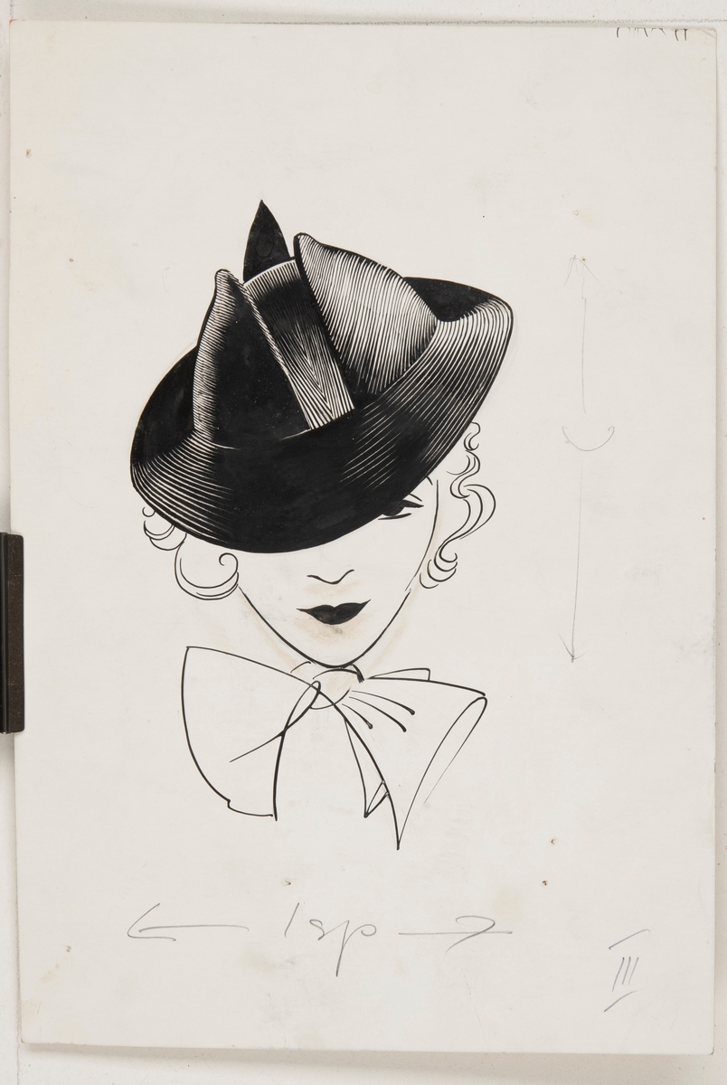 Illustration till reklamannons.

Bilden föreställer ett kvinnoansikte framifrån. Kvinnan har en svart hatt som täcker halva ansiktet. Om halsen sitter en rosett.