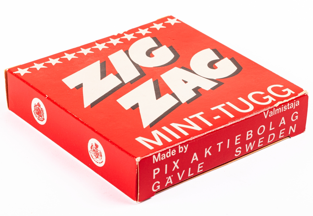 Reklamask i papp, röd och vit, "ZIG ZAG MINT-TUGG".