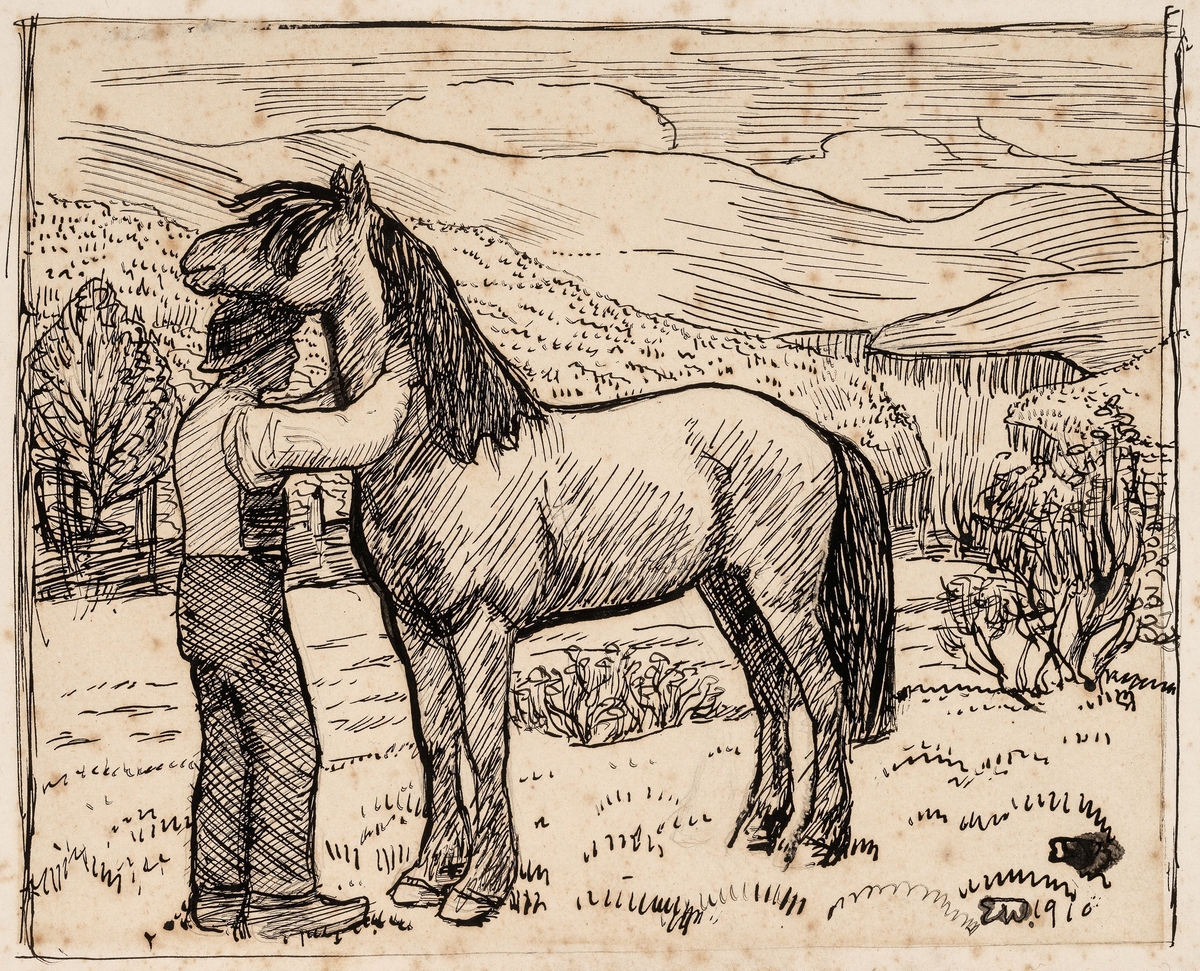 Mann og hest [Tegning]