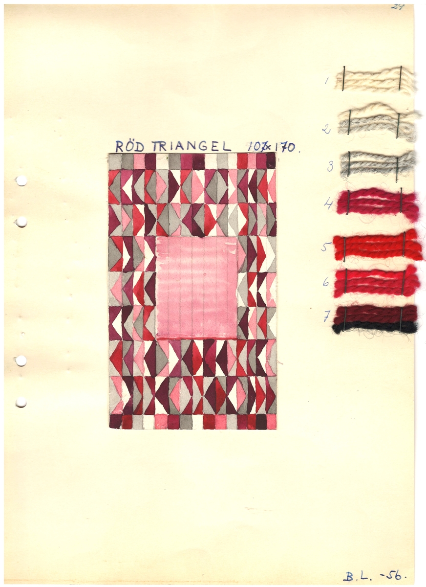 Färgskiss och garnprov i röda, grå och naturfärgade nyanser till en ryamatta i storlek 107 x 170 cm