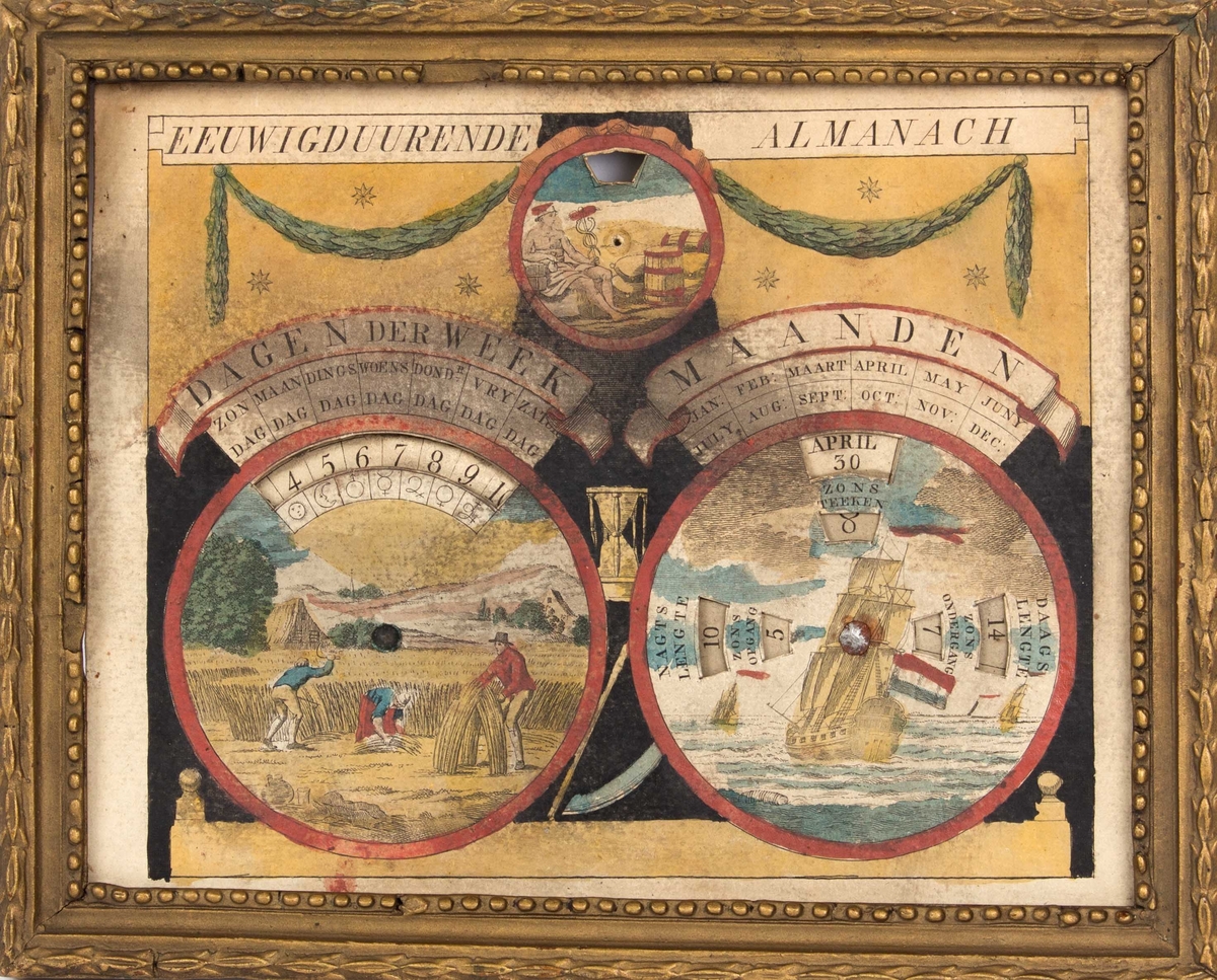 Håndtegnet og kolorert hollandsk alamakk med motiv av seilskute med hollandsk flagg, kong Neptun samt tre personer som arbeider på åker.