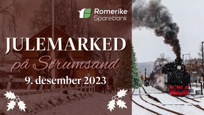 Plakat for julemarked på Sørumsand 9. desember. Damplokomotiv klart til avgang fra Tertittens stasjon på Sørumsand.  Snøkledt landskap.