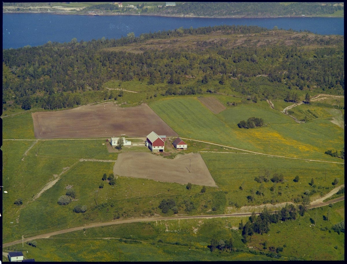 Leirfjord, Forsland. Flyfoto fra Forsland og gården til Gustav Zahl. Bak i bildet sees Leirfjorden.