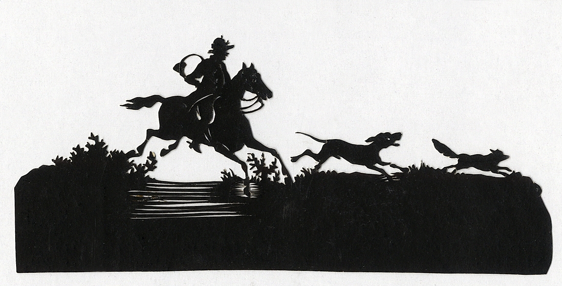 Silhuettklipp i svart papper. En ryttare med jakthorn och hund på väg över ett fält, efter en räv.