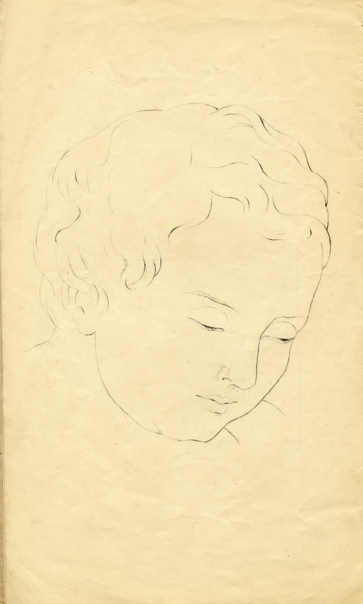Skiss, blyerts. Ett lockigt pojkhuvud (?).
Halvprofil.

Inskrivet i huvudbok 1937.