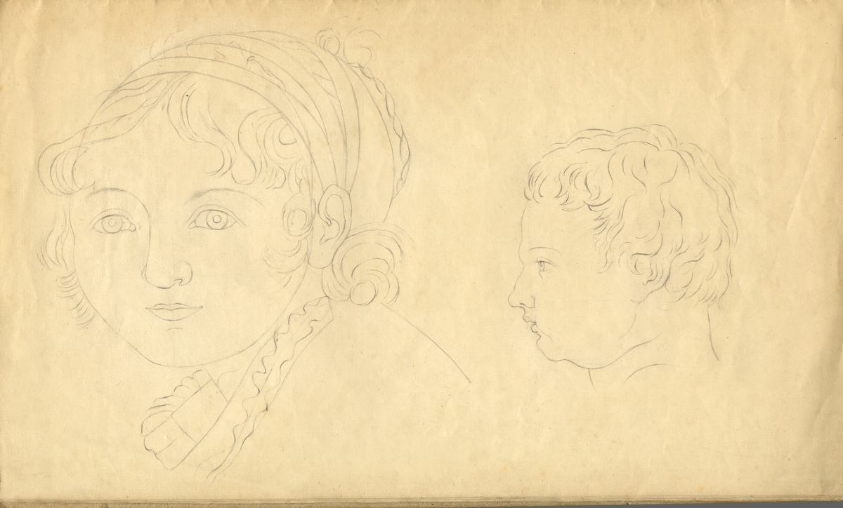Skiss, blyerts. Två huvuden - en ung kvinna i halvprofil och en pojke (?) i profil.

Inskrivet i huvudbok 1937.