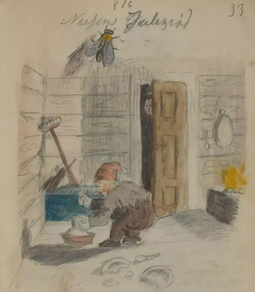 "Nissens julegrøt" - en ung Edvard Munch fanger øyeblikket der nissefar får seg et velfortjent måltid. Tegningen antas å være fra 1877. Da var Edvard bare 14 år.