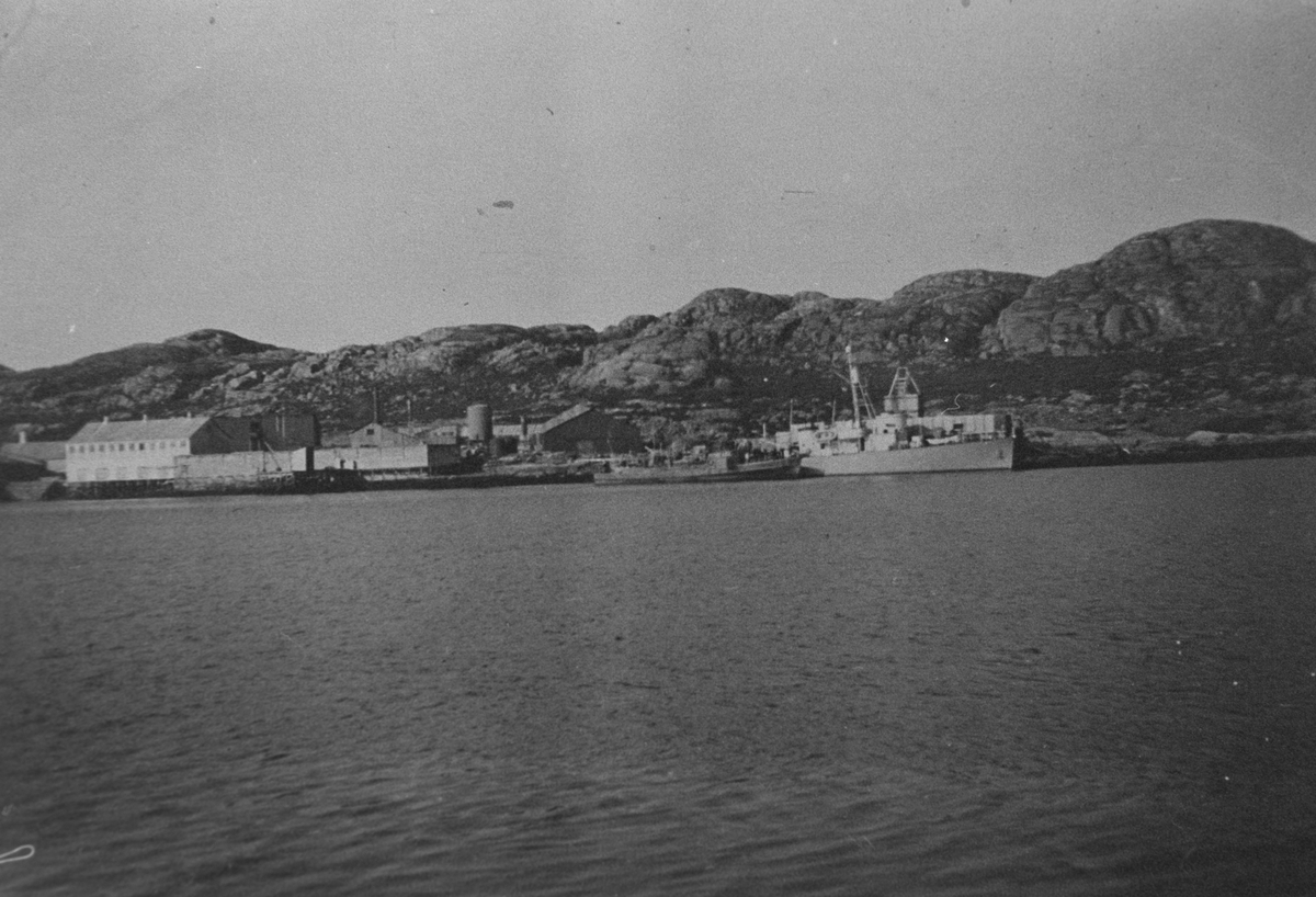 Havna ved Hestnes Hvalstasjon, Hitra. Her sett på avstand, med båter til kai.
Det gråmalte fartøyet på bildet er mest sansynlig u-båtjageren (sub chaser) KNM Haakon VII. Fortøyd langs siden - mindre marinefartøyer. Fotografert ca 1945 - 1953 (antatt)