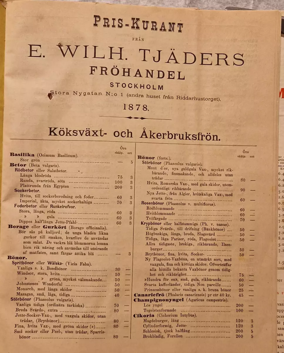 Priskurant från Erik Wilhelm Tjäders fröhandel i Stockholm, stora Nygatan N:o 1. daterad 1878. Central- Tryckeriet, Stockholm. 26 sidor.