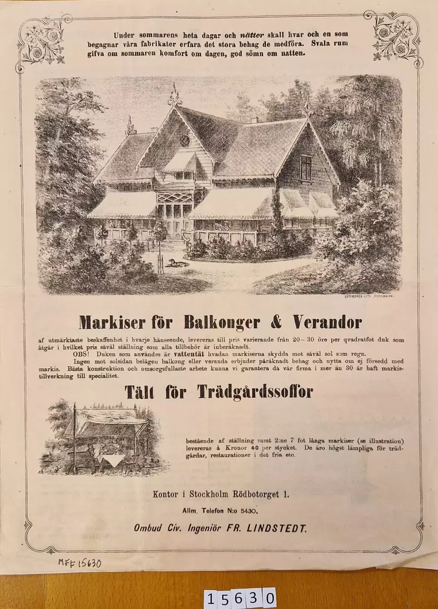 Priskurant från P. Ericsson & Co, Göteborg. Kontor i Stockholm, Rödbotorget 1. Daterad 16 sept 1882. tryckt hos Göteborgs Lithografiska Aktiebolag.