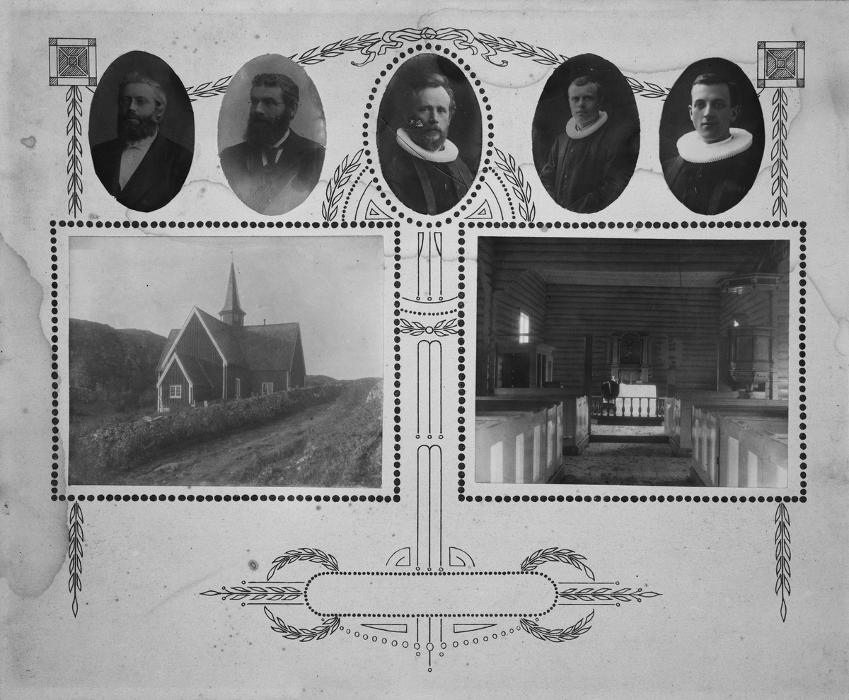 Fotokort, Sogneprestene til Hitteren med bilder av Fillan kirke ...