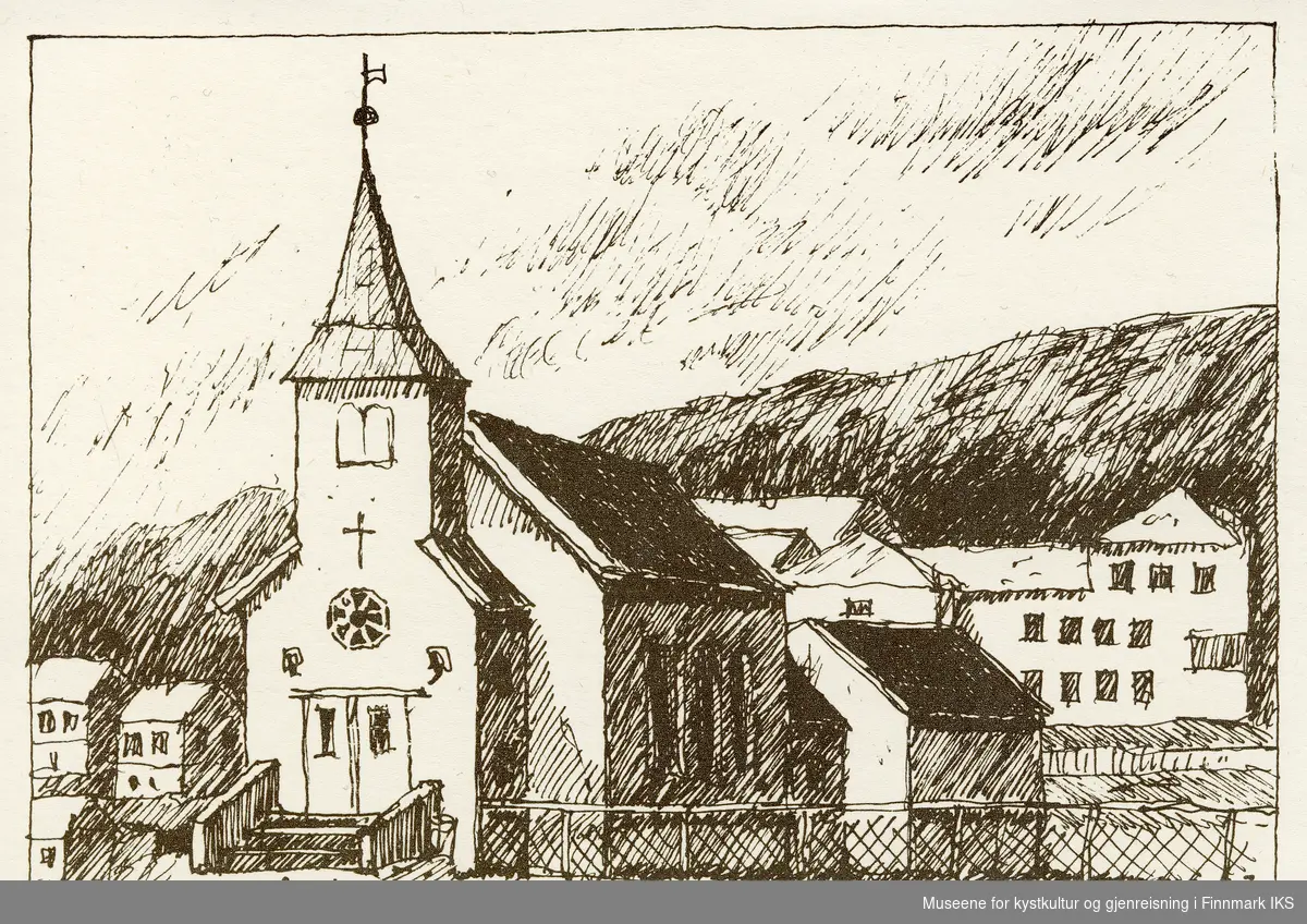 Postkort/dobbeltkort. Honningsvåg kirke. Tusjtegning av billedkunstner Roald Grimsø. 1983.