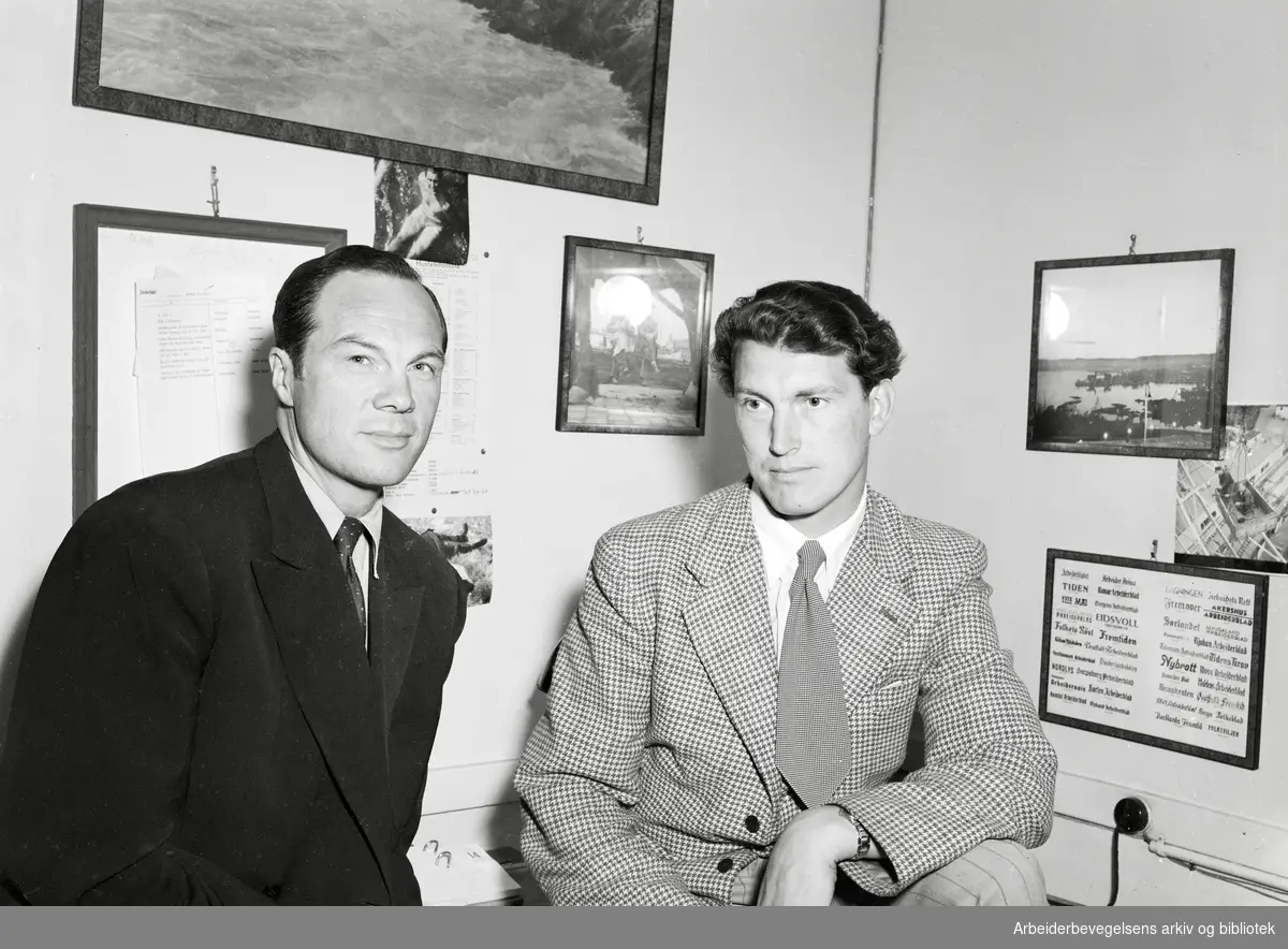 Arbeiderbladets fotograf "Timmie" Skotaam (th) med sleggekasteren Meidell Sundal. Juli 1952
