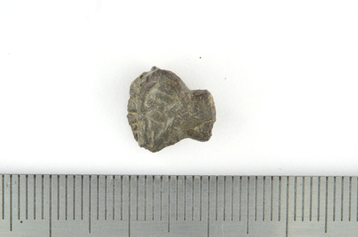 Litet fragment av spänne av kopparlegering. På ovansidan syns ornering, som troligen är djurornamentik, och på baksidan finns delar av ett litet nålfäste/gångjärn som är dubbel. Trolig datering är mellersta eller sena vendeltiden, 600-790 e Kr.
