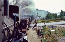 Damplokomotiv type 21e nr. 207 med pukktog underveis mellom 