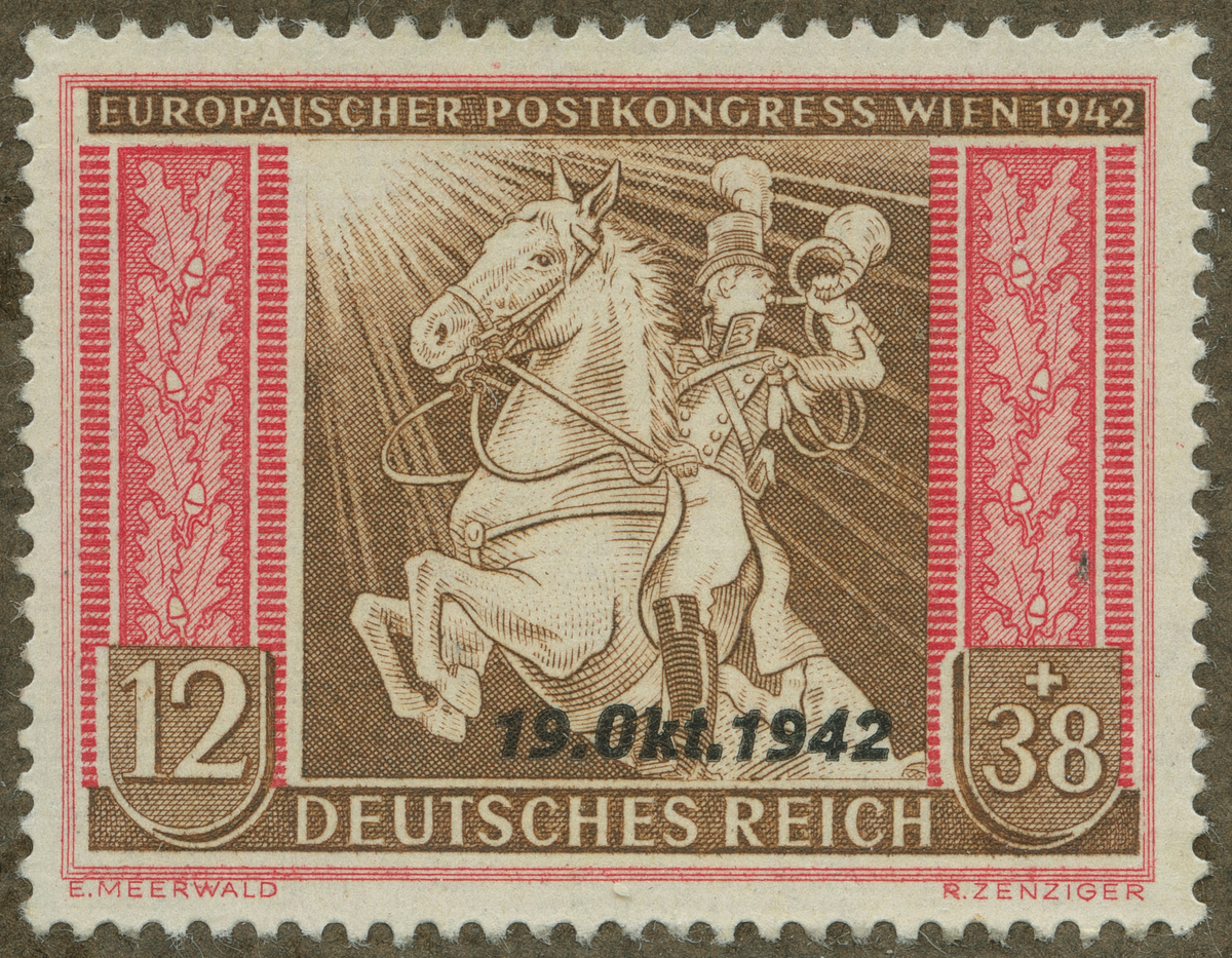 Frimärke ur Gösta Bodmans filatelistiska motivsamling, påbörjad 1950.
Frimärke från Tyskland, 1942. Motiv av Tysk postryttare Postkongressen i Wien 1942
