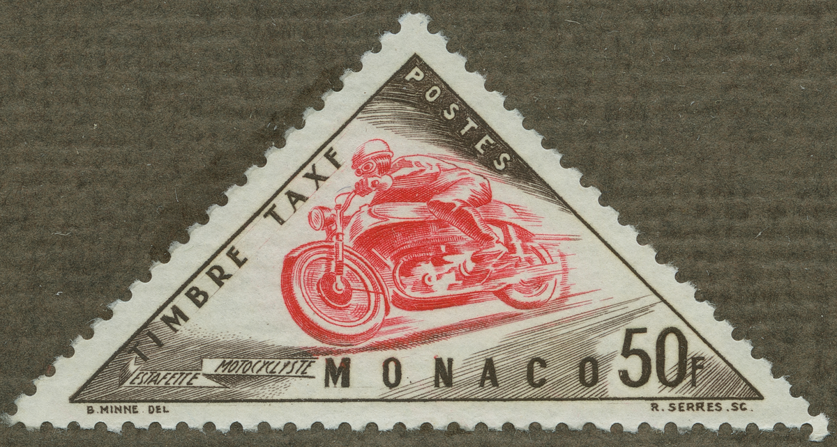 Frimärke ur Gösta Bodmans filatelistiska motivsamling, påbörjad 1950.
Frimärke från Monaco, 1953. Motiv av Fordon - motorcykel