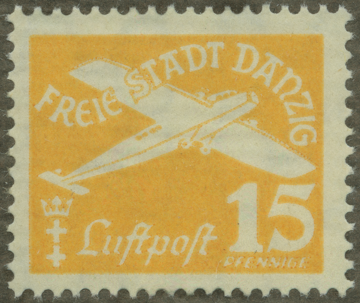 Frimärke ur Gösta Bodmans filatelistiska motivsamling, påbörjad 1950.
Frimärke från Danzig, 1935. Motiv av Postmonoplan