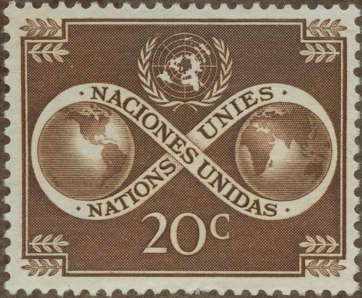 Frimärke ur Gösta Bodmans filatelistiska motivsamling, påbörjad 1950.
Frimärke från Nations Unies, 1951. Motiv av Två jordglober F N -märket