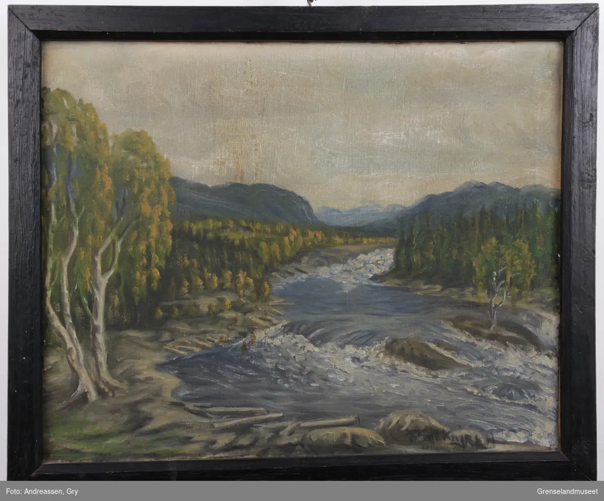 Maleriet viser en elv som bukter seg gjennom landskapet. Skogen har høstlige farger. I høyre hjørne er det et stryk i elva og i venstre hjørne ligger tømmer på elvebredden. I horisonten ses en dal med fjell rundt.