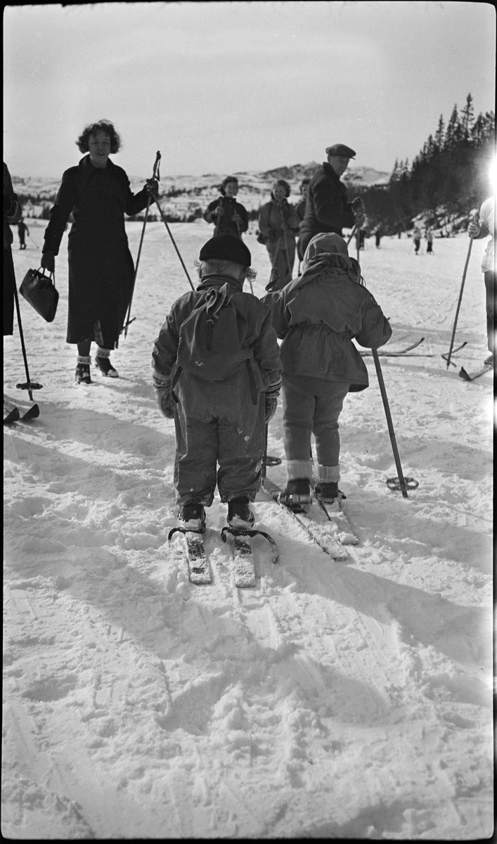 Voksne og barn ute på ski i skogen. To barn står midt i bildet, med ...