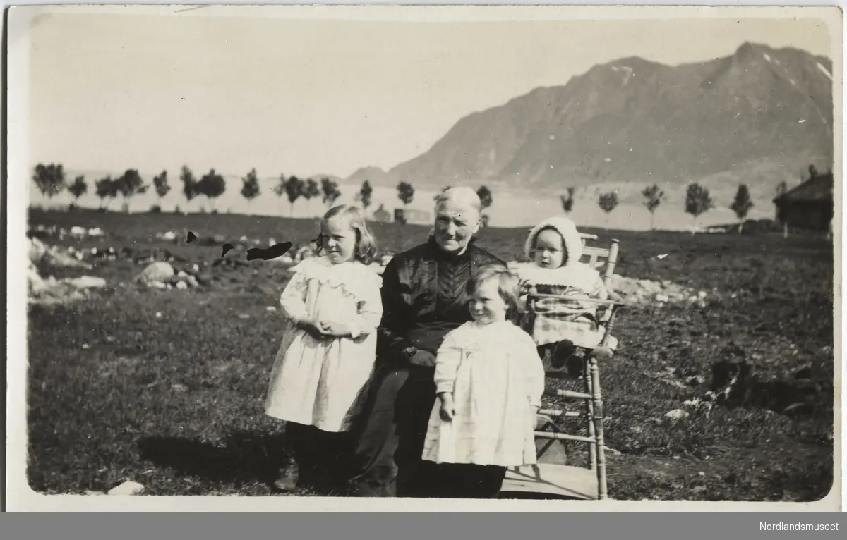 Bestemor med tre barnebarn, et av dem på barnestol