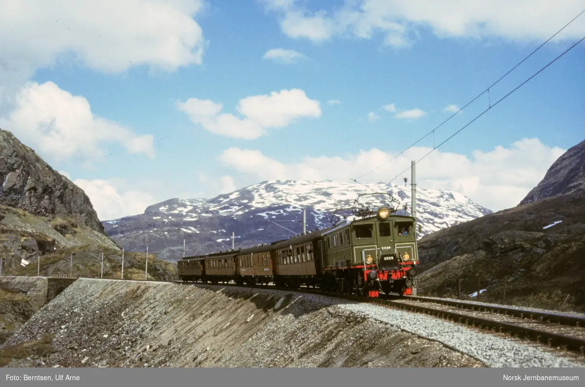 Elektrisk lokomotiv El 5 2039 med veterantog ved Kleva bru mellom Myrdal og Hallingskeid