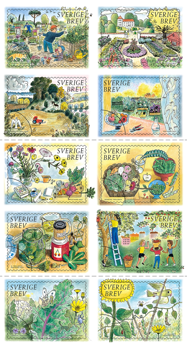 Höst är "Skördeglädje". Häfte. Tio frimärken tio olika motiv för inrikes Sverige brev.