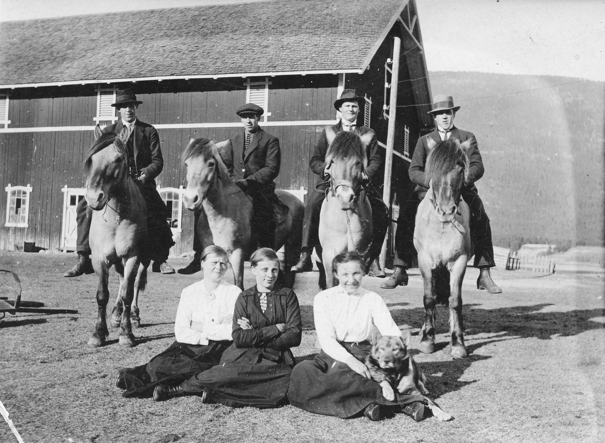 Gruppe
Fire menn på hest, tre damer og et barn.
