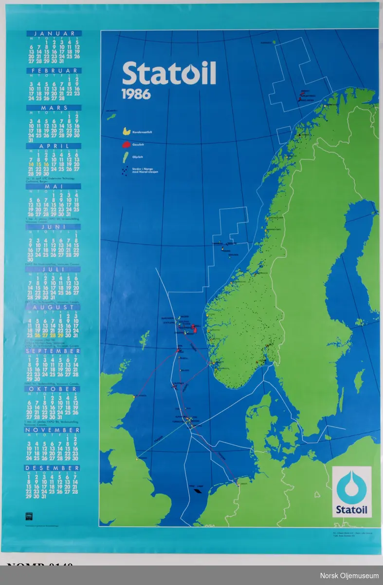 Statoil-kalender for 1986. Norgeskart med produksjonsfelt på sokkelen.
Norol-bensinstasjoner er tegnet inn på land.