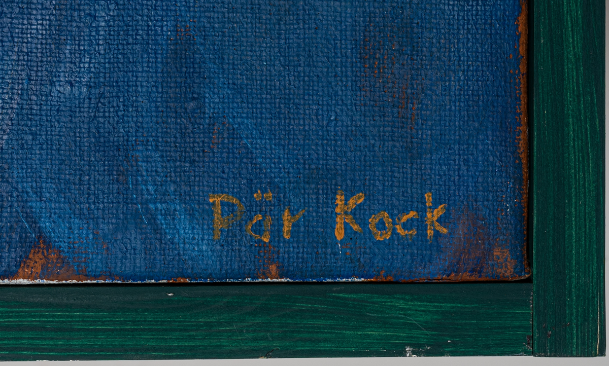 Oljemålning på duk av konstnär Pär Kock, "De rättrogna", målad 2004. Grön träram, målad av konstnären.