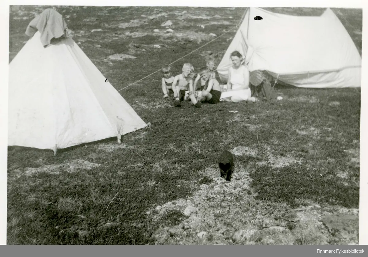 Familien Alexandersen på telttur i Repparfjorden med katta rundt 1940. Teltet oppslått. 