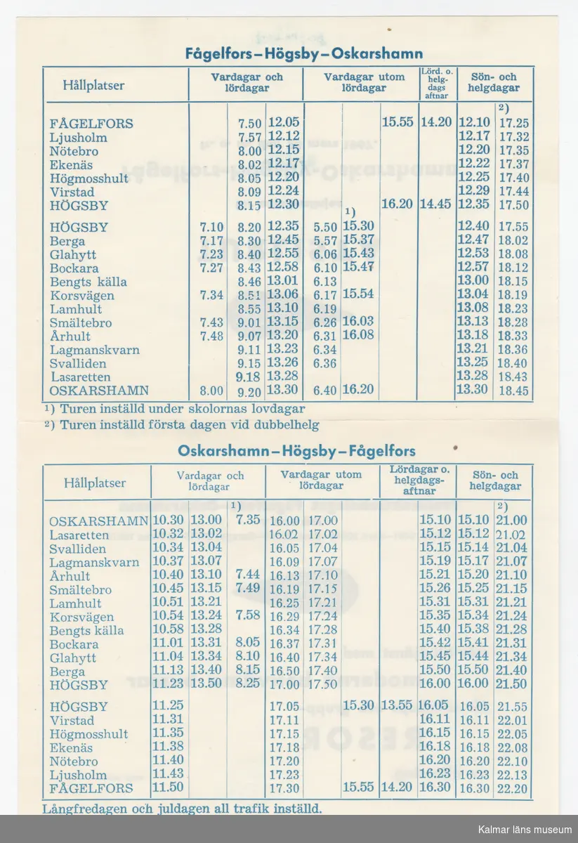 KLM 46738:27. Tidtabell, Turlista. Tryckt busstidtabell på vitt papper. Dubbelvikt blad med blå text. Tabeller med destination, dagar, tider samt hållplater. Titel: TURLISTA för omnibuslinjen.
