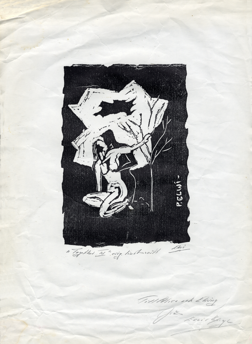 Linoleumsnitt i svart/vitt. Ett sittande naket par som omfamnar varandra, vid ett litet träd.