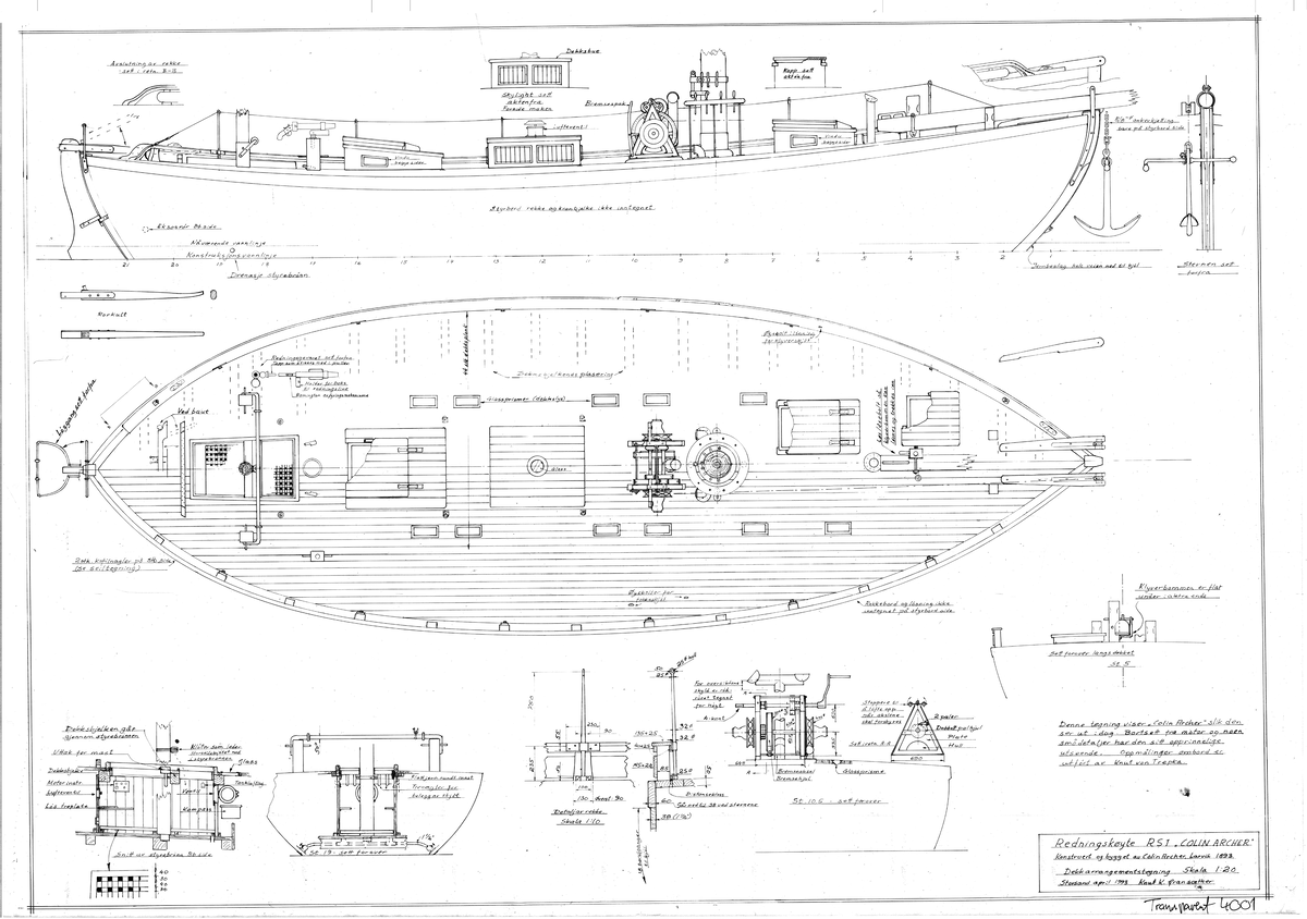 Tegning av dekksarrangement til redningsskøyte R/S 1 'Colin Archer'. Båten ble konstruert og bygget av Colin Archer i 1893.
